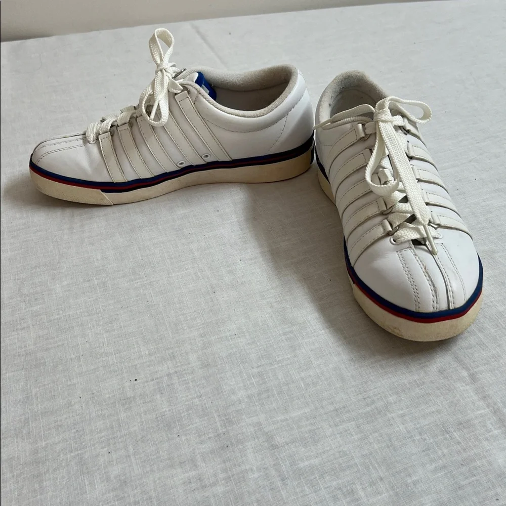 🌞 K-Swiss Authentic Classic White Sneakers Blue Accents unisex women size 6.5
